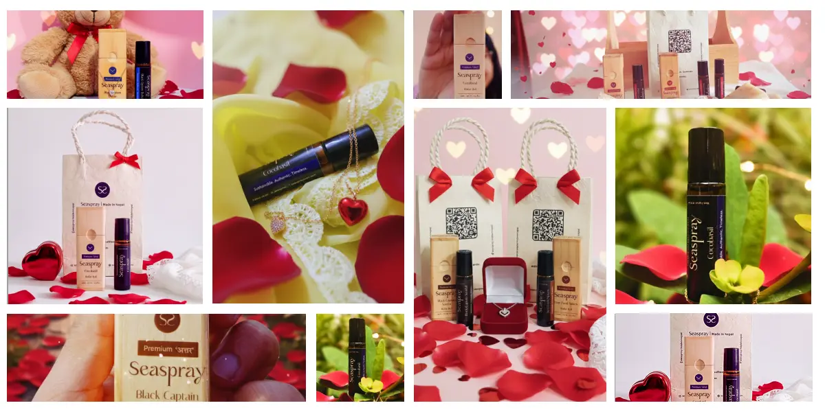 Seaspray perfume surrounded by rose petals, heart accents, soft lighting, and Valentine’s Day gifts