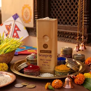 A warm Hindu puja altar features a central box, brass vessels, rice, marigolds, incense, and sacred geometric art, creating a calm, festive mood